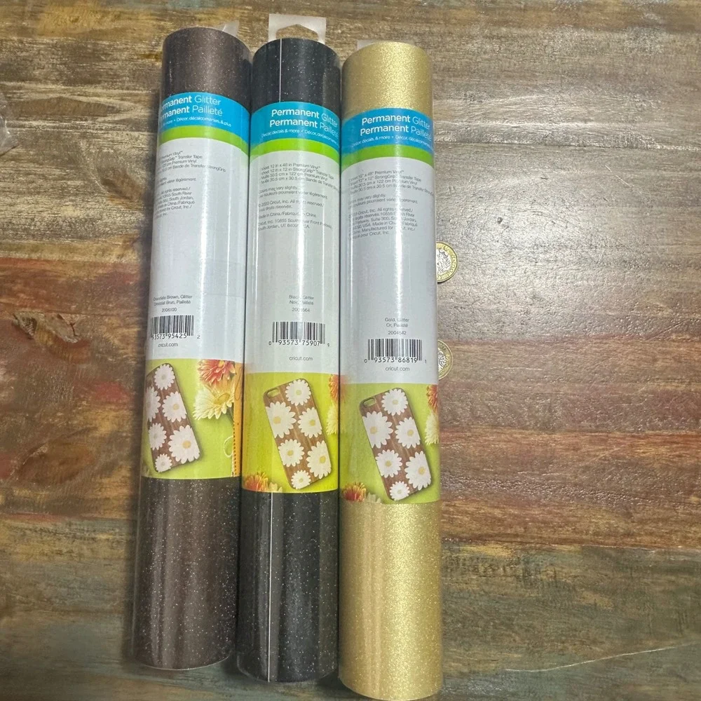 Cricut Premium Vinyl Shimmer Permanent Glitter 12x48 Black Brown Gold 3 Rolls